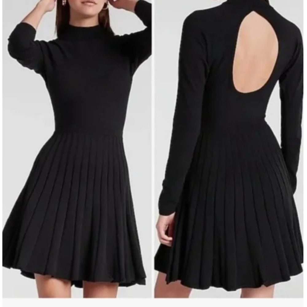 Express Pleated Mock Neck Cutout Back Sweater Dress in Black NWOT